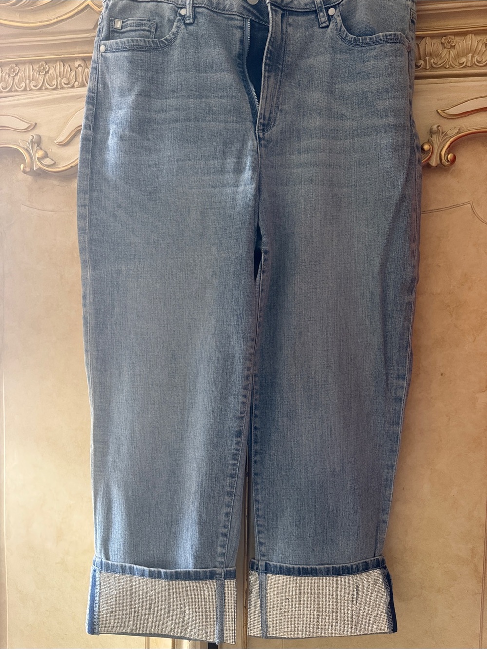 Karl Lagerfeld Light Blue Cropped Jeans with Cuffed Hem and Sparkle Detail
